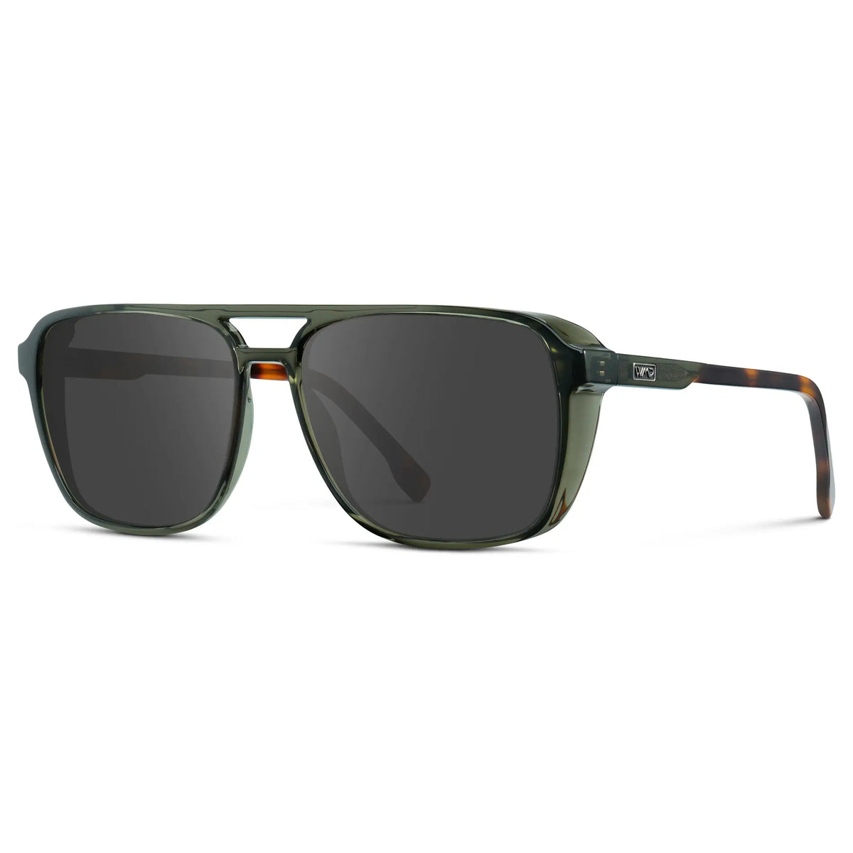 Tortoise Sage / Grey || Side view of Tortoise Sage Men's Square Aviator Prescription Sunglasses with Grey Lenses on a white background