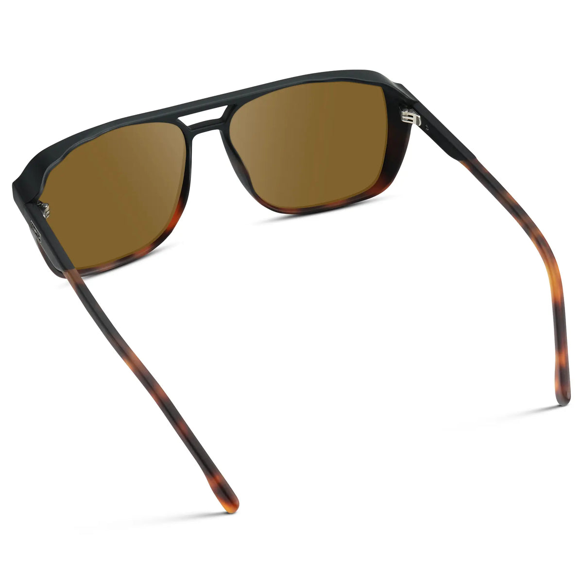 Matte Black Tortoise / Amber || Back view of Matte Black Tortoise Men's Square Aviator Prescription Sunglasses with Brown Lenses on a white background