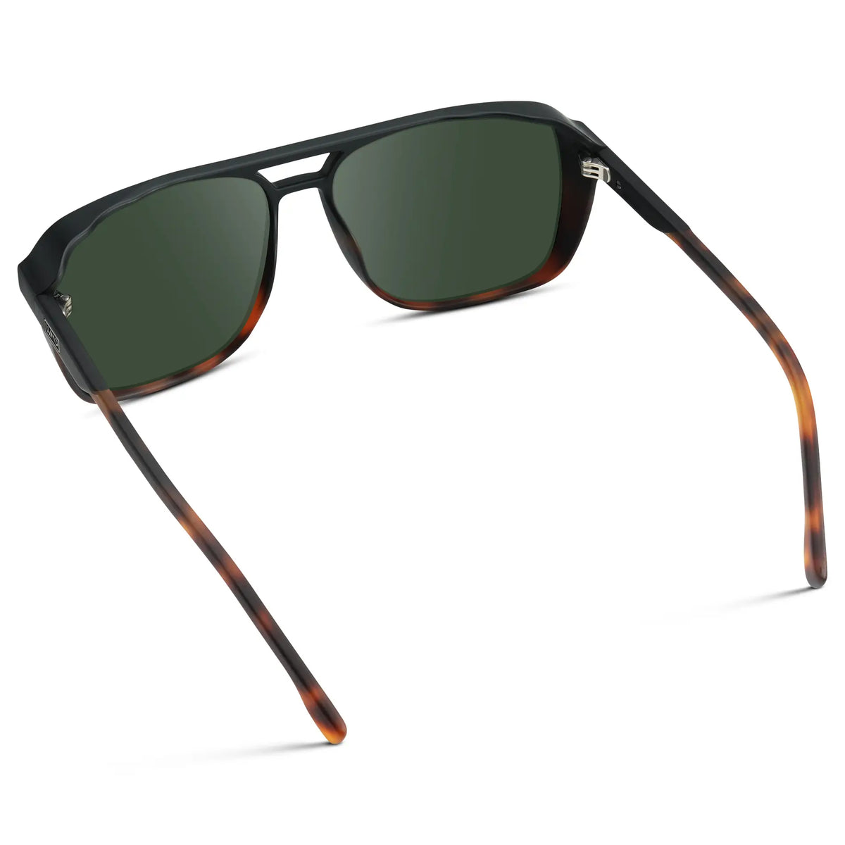 Matte Black Tortoise / G15 || Back view of Matte Black Tortoise Men's Square Aviator Prescription Sunglasses with Green Lenses on a white background