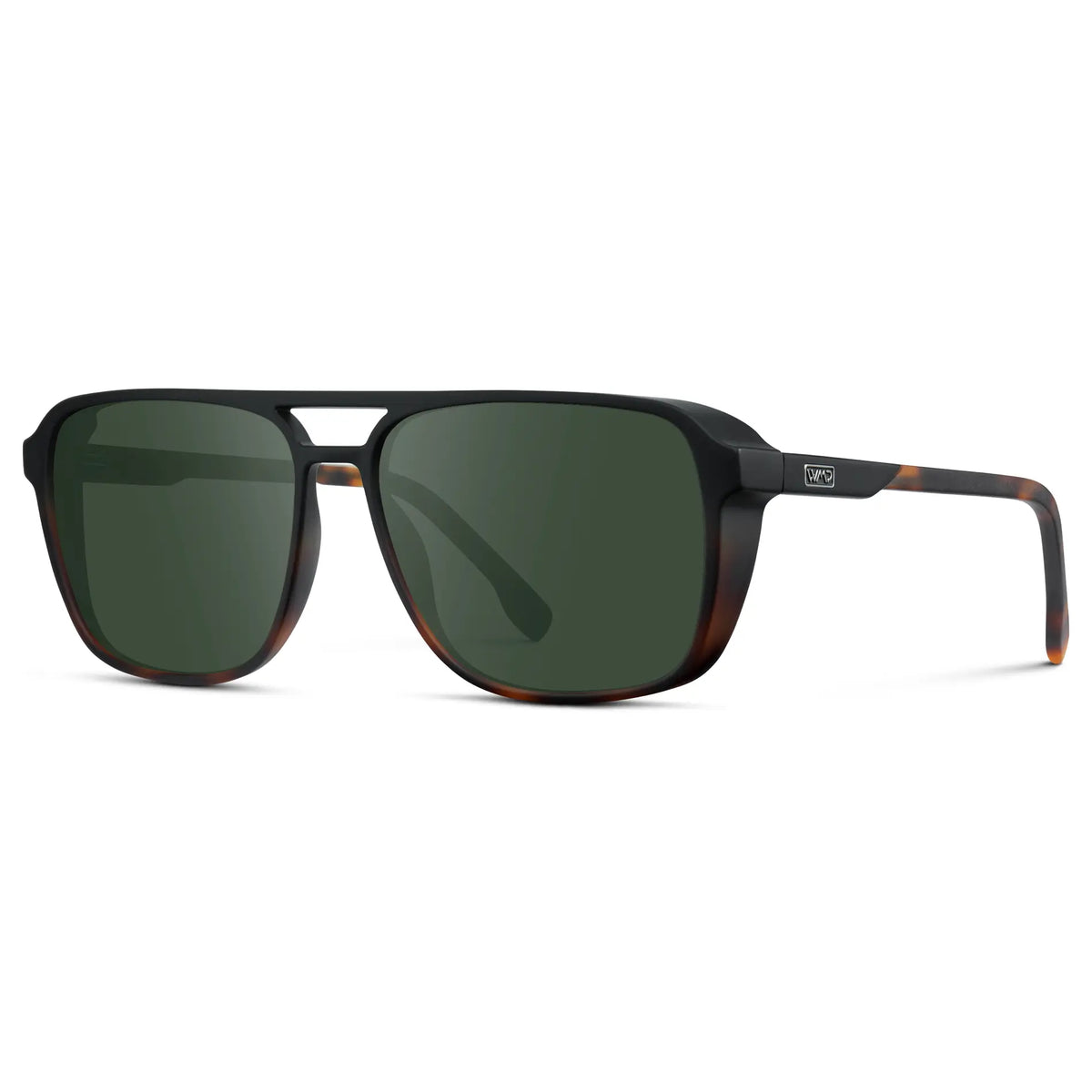 Matte Black Tortoise / G15 || Side view of Matte Black Tortoise Men's Square Aviator Prescription Sunglasses with Green Lenses on a white background