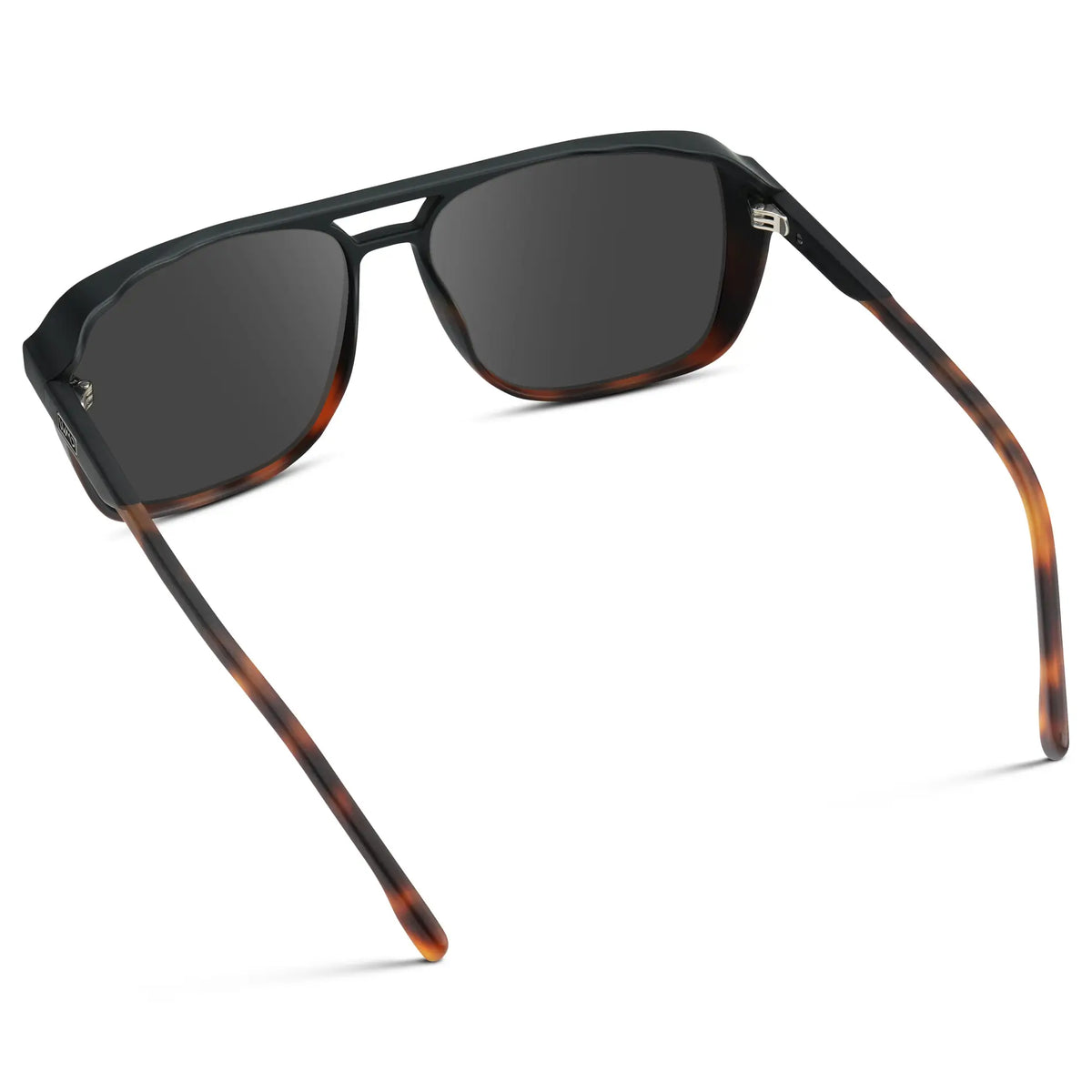 Matte Black Tortoise / Grey || Back view of Matte Black Tortoise Men's Square Aviator Prescription Sunglasses with Grey Lenses on a white background