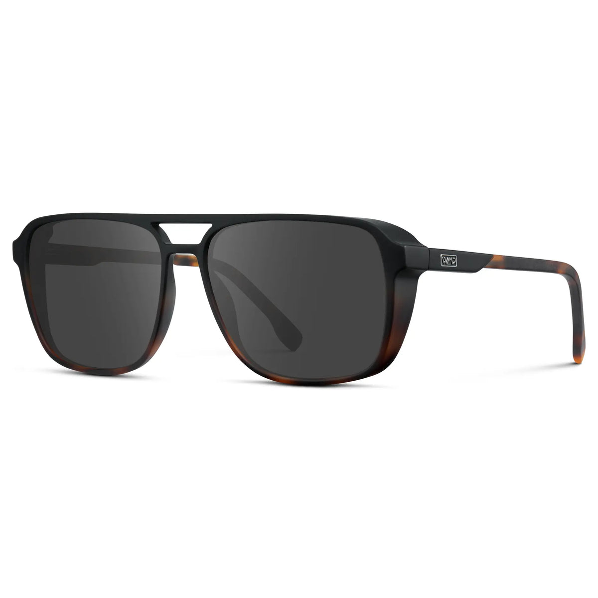 Matte Black Tortoise / Grey || Side view of Matte Black Tortoise Men's Square Aviator Prescription Sunglasses with Grey Lenses on a white background