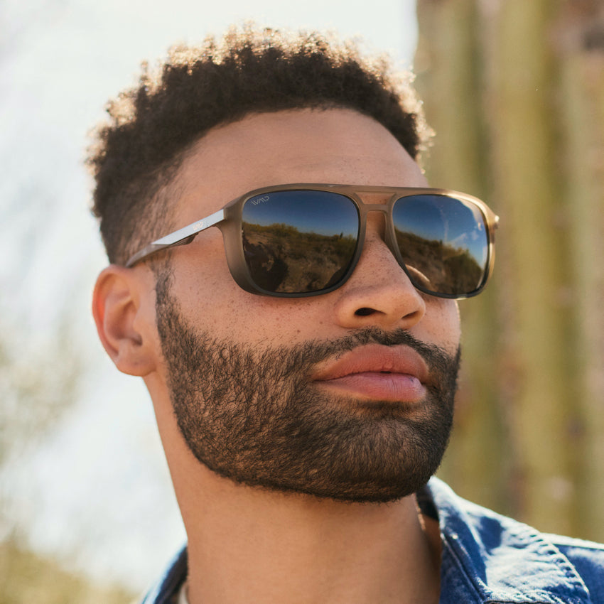 Sand Storm / Black Lens || Taupe Square Aviator Sunglasses with Black Polarized Lenses