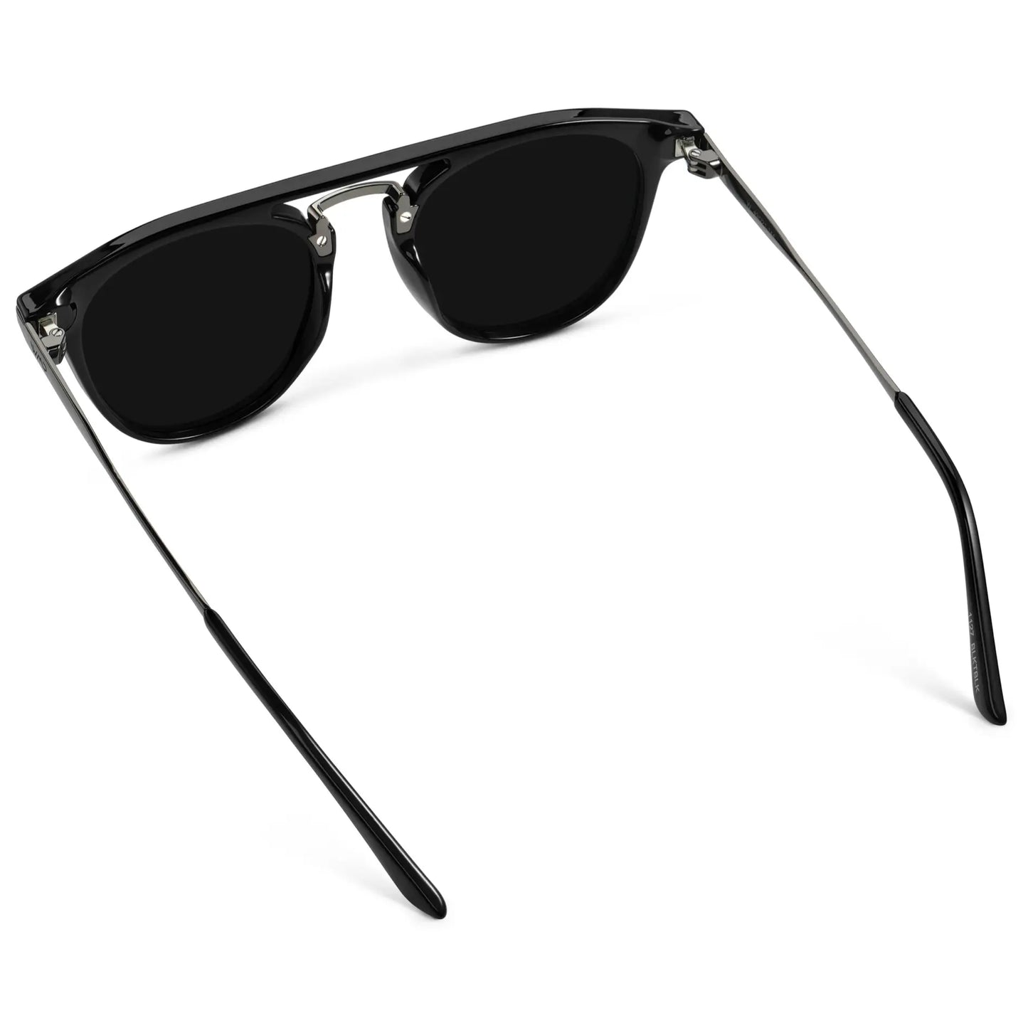 Black / Triple Black Lens || Back view of Men's Round Polarized Sunglasses with Black Metal Frame and Black Lenses on a white background