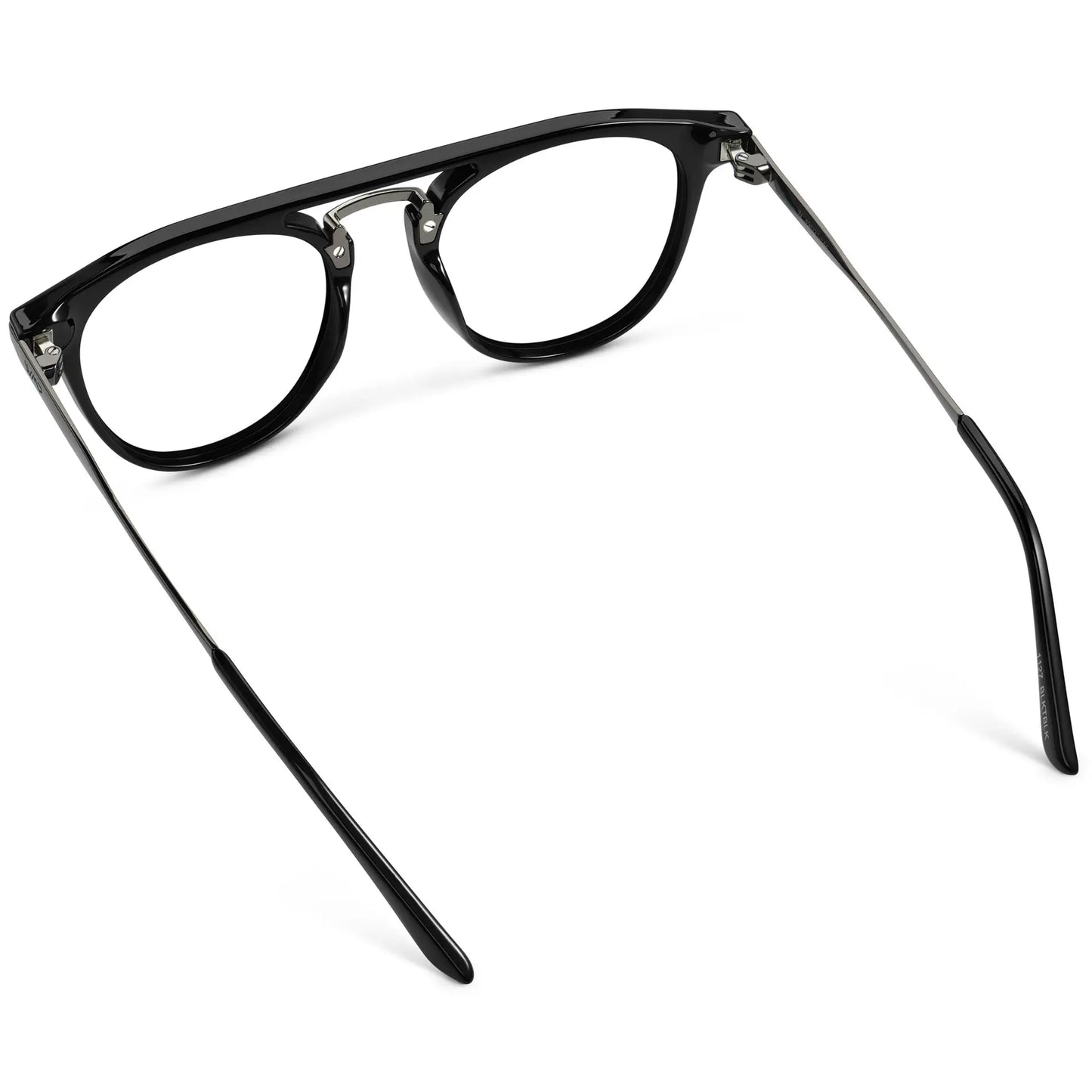 Black || Back view of Men's Round Prescription Glasses with Black Frame and Clear Lenses on a white background
