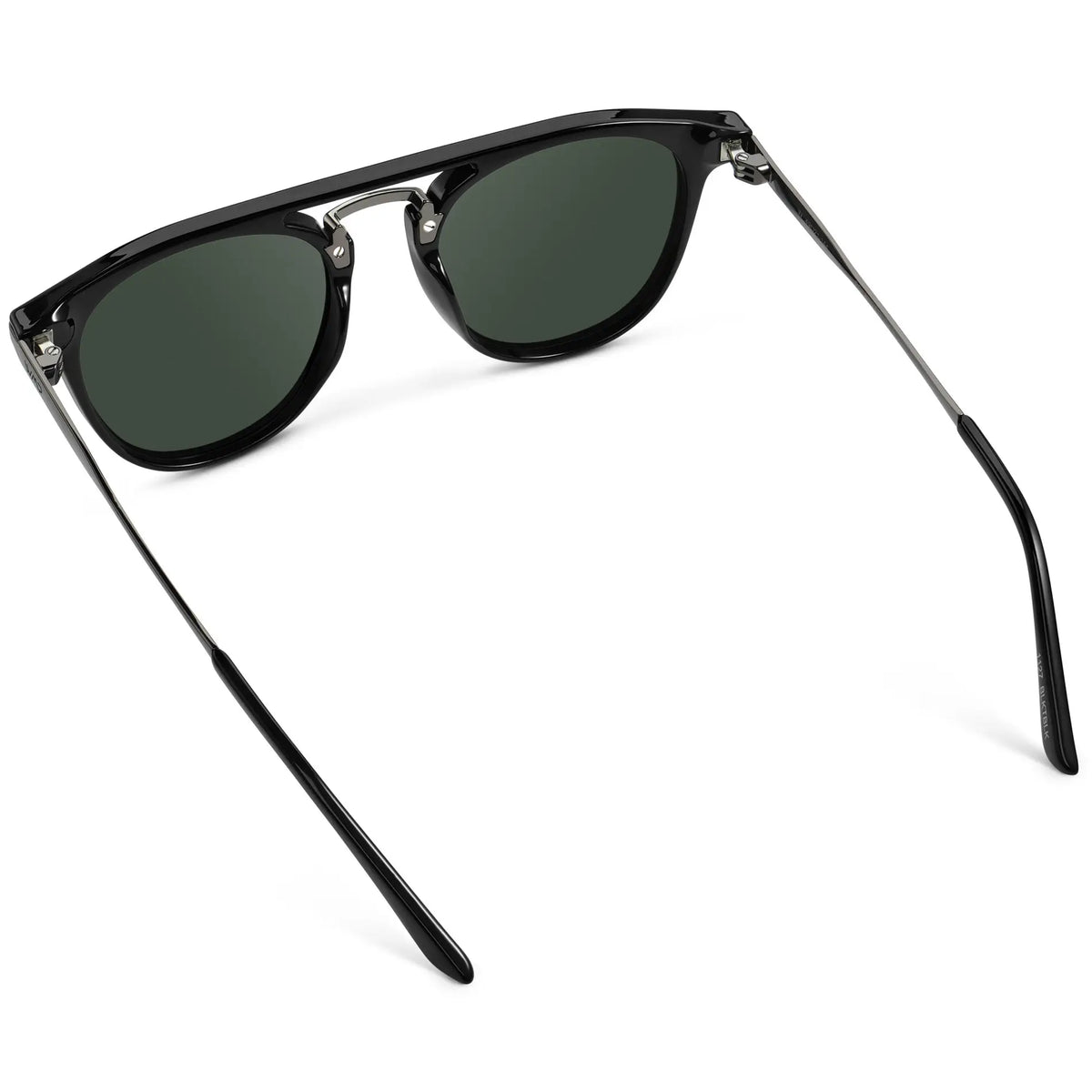 Black / G15 || Back view of Men's Round Prescription Sunglasses with Black Frame and Green Lenses on a white background