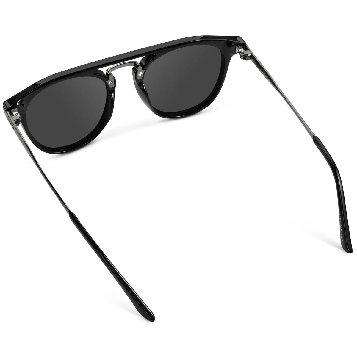 Black / Grey || Back view of Men's Round Prescription Sunglasses with Black Frame and Grey Lenses on a white background