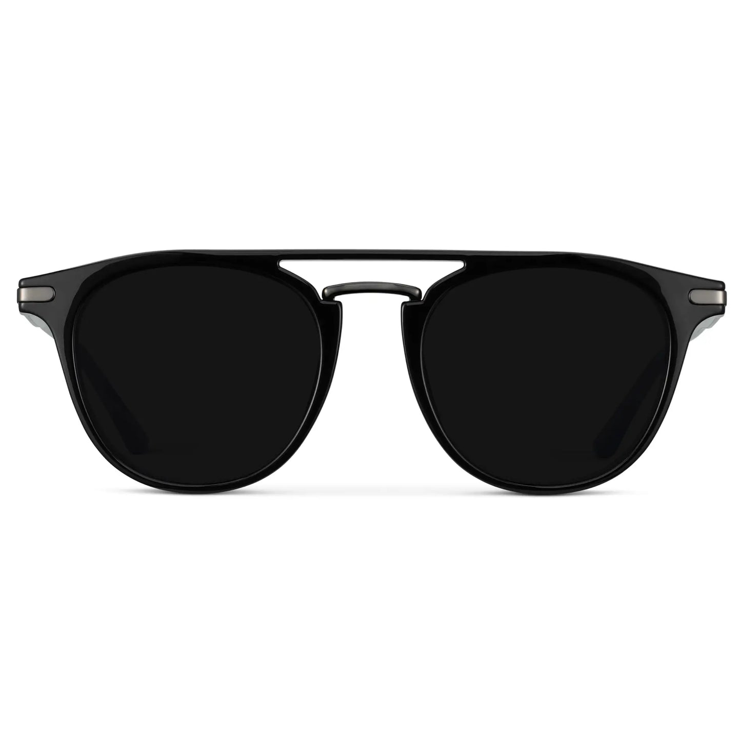 Black / Triple Black Lens || Men's Round Polarized Sunglasses with Black Metal Frame and Black Lenses on a white background