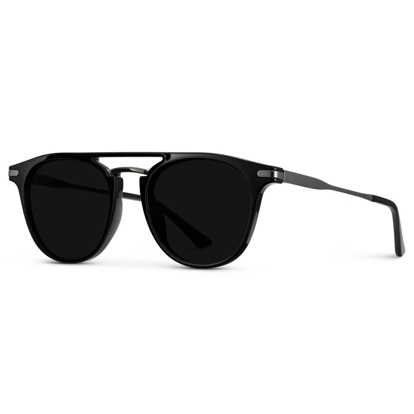 Black / Triple Black Lens || Side view of Men's Round Polarized Sunglasses with Black Metal Frame and Black Lenses on a white background