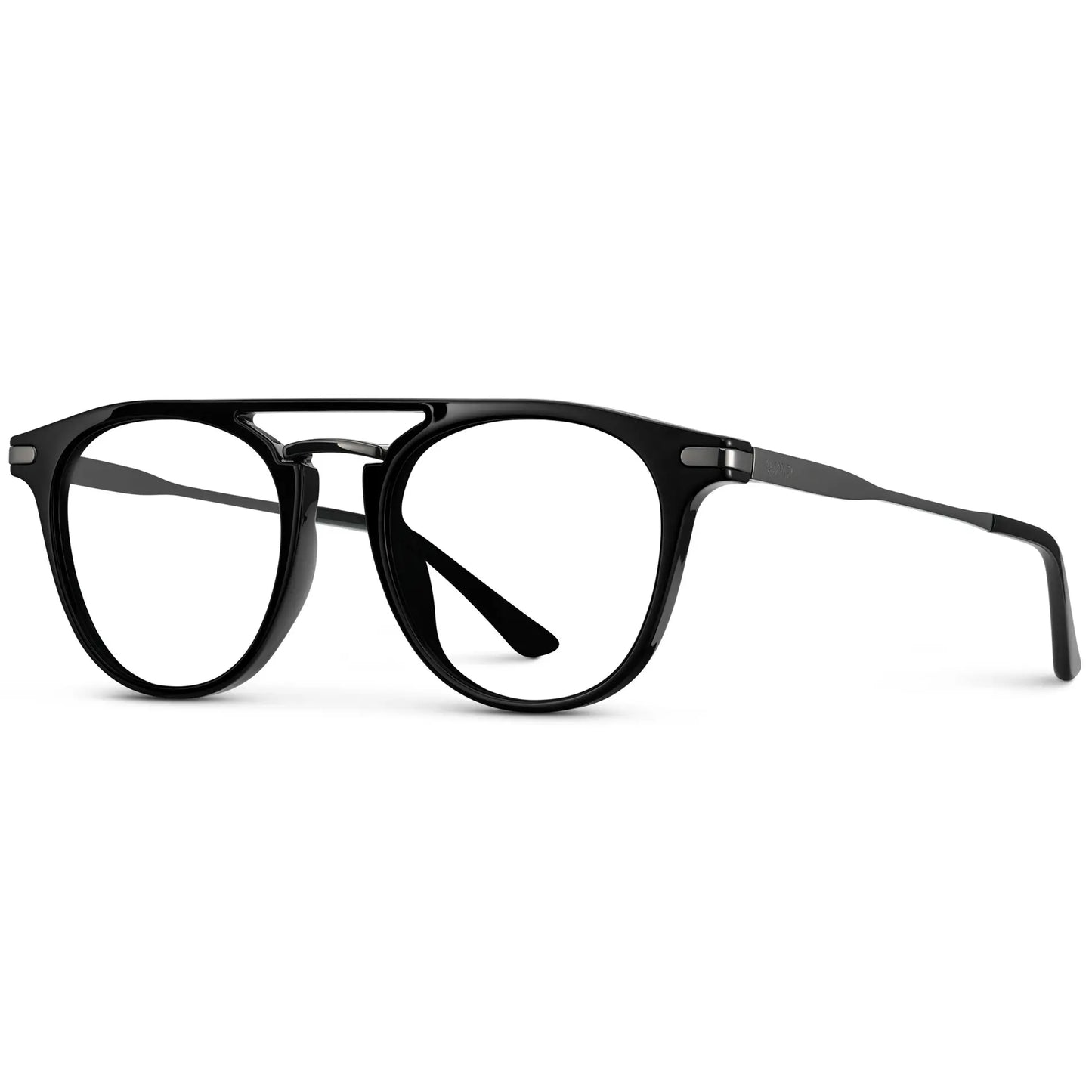 Black || Side view of Men's Round Prescription Glasses with Black Frame and Clear Lenses on a white background