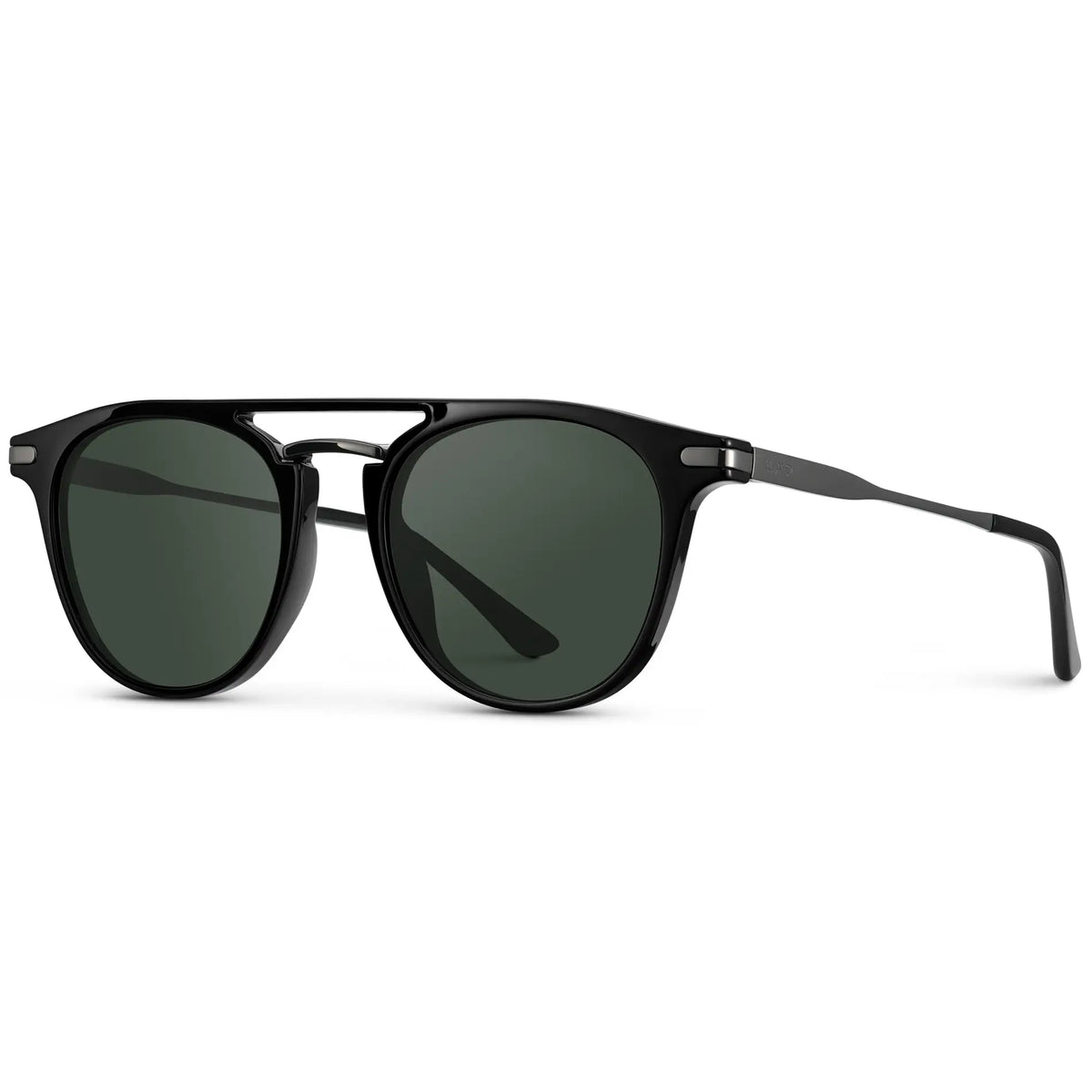 Black / G15 || Side view of Men's Round Prescription Sunglasses with Black Frame and Green Lenses on a white background