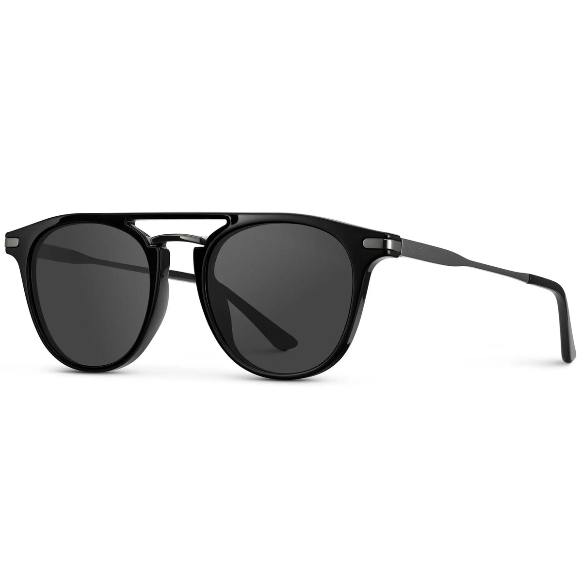 Black / Grey || Side view of Men's Round Prescription Sunglasses with Black Frame and Grey Lenses on a white background