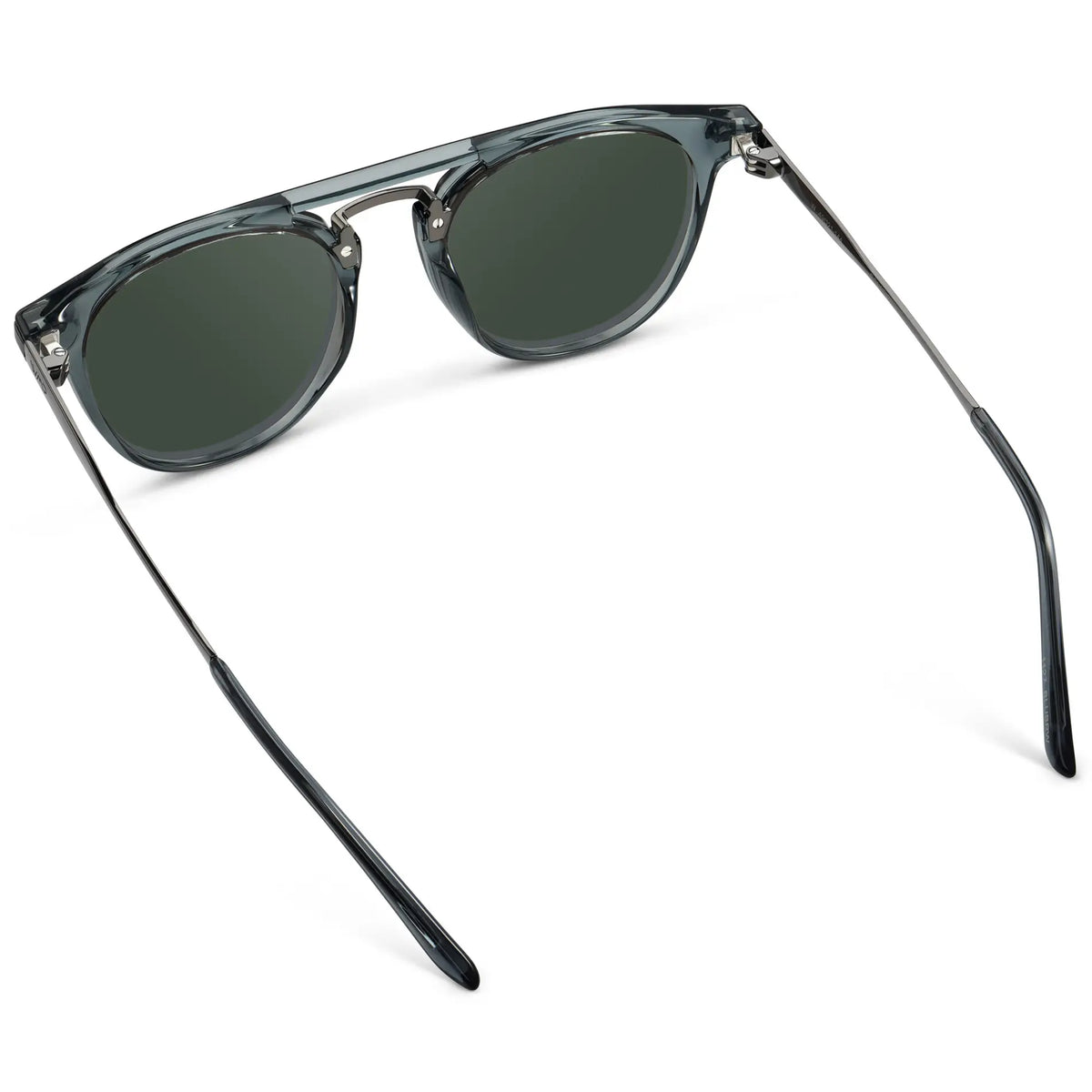 Stone Blue / G15 || Back view of Men's Round Prescription Sunglasses with Stone Blue Frame and Green Lenses on a white background