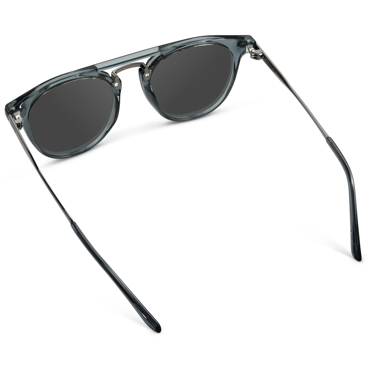 Stone Blue / Grey || Back view of Men's Round Prescription Sunglasses with Stone Blue Frame and Grey Lenses on a white background