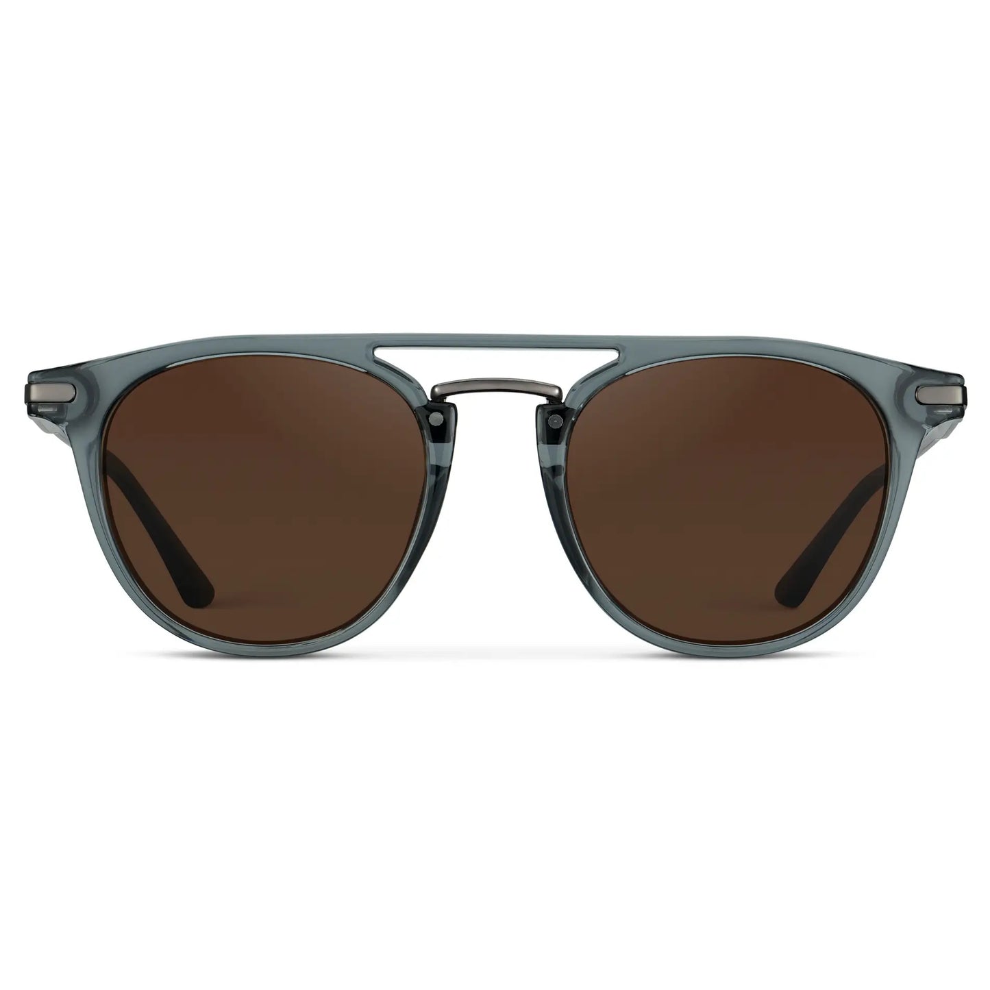 Stone Blue / Dark Brown Lens || Men's Round Polarized Sunglasses with Stone Blue Metal Frame and Dark Brown Lenses on a white background