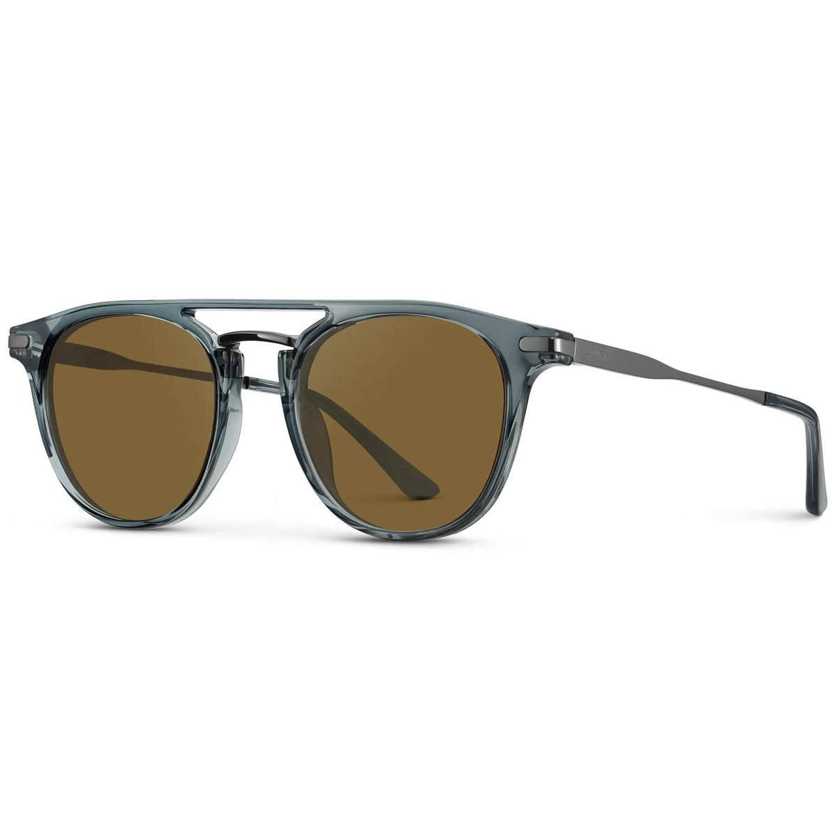 Stone Blue / Amber || Side view of Men's Round Prescription Sunglasses with Stone Blue Frame and Amber Lenses on a white background