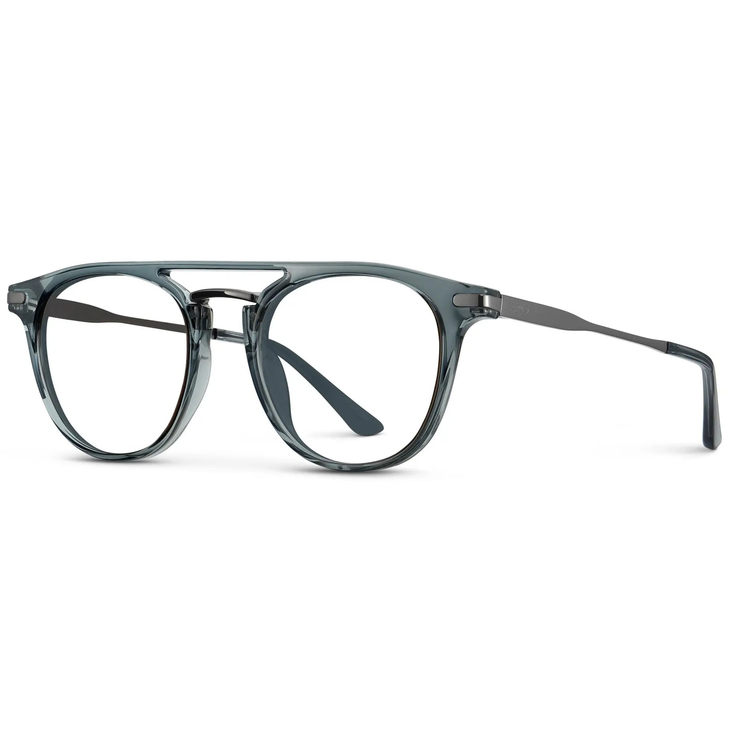 Stone Blue || Side view of Men's Round Prescription Glasses with Stone Blue Frame and Clear Lenses on a white background
