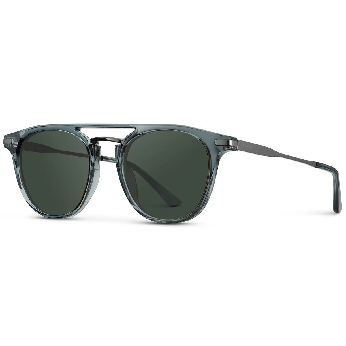 Stone Blue / G15 || Side view of Men's Round Prescription Sunglasses with Stone Blue Frame and Green Lenses on a white background