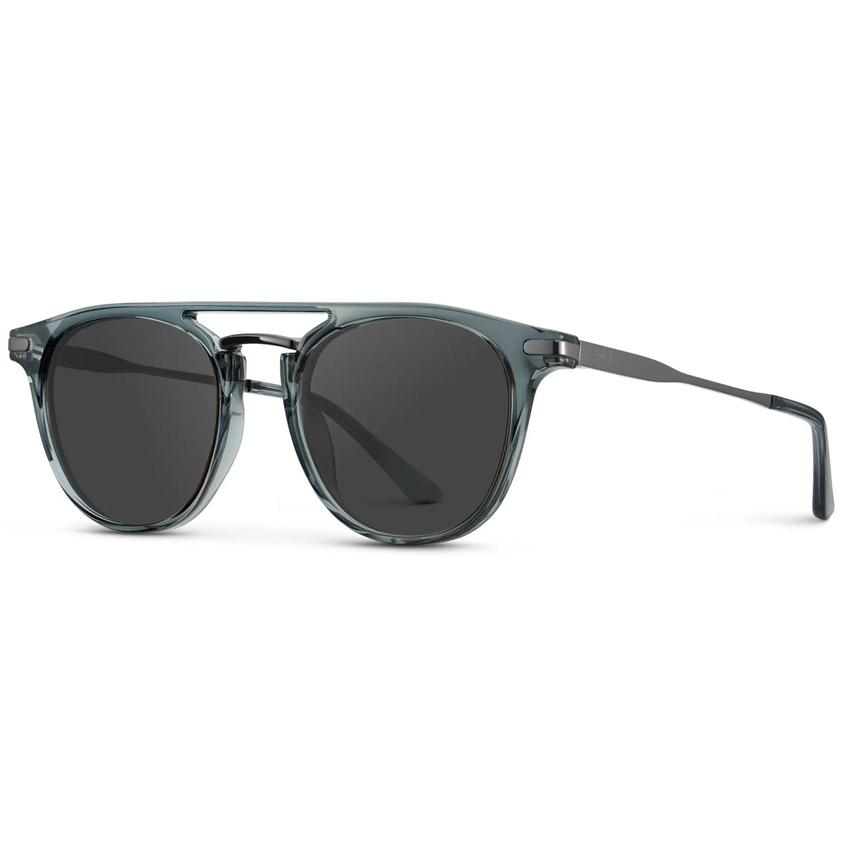 Stone Blue / Grey || Side view of Men's Round Prescription Sunglasses with Stone Blue Frame and Grey Lenses on a white background