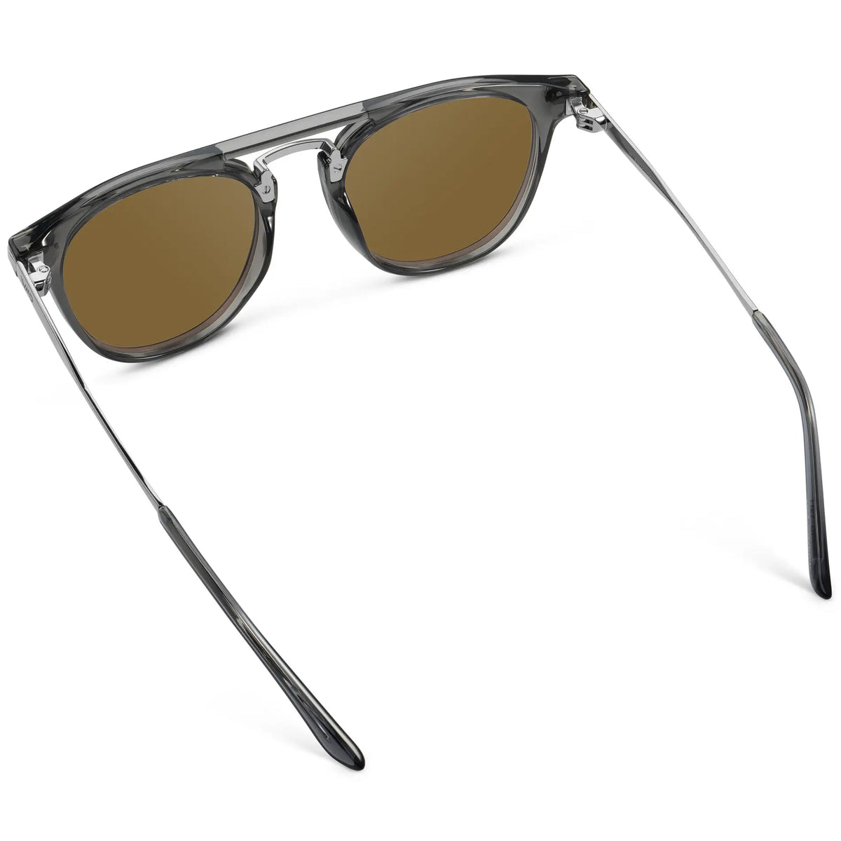 Smoke Grey / Amber || Back view of Men's Round Prescription Sunglasses with Smoke Grey Frame and Amber Lenses on a white background