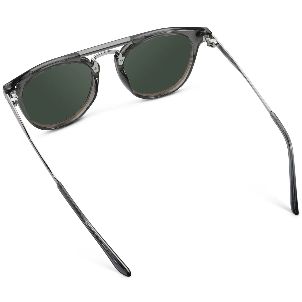 Smoke Grey / G15 || Back view of Men's Round Prescription Sunglasses with Smoke Grey Frame and Green Lenses on a white background