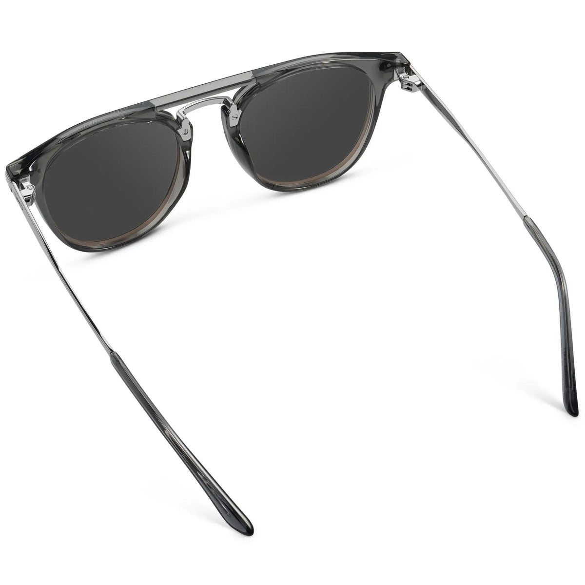 Smoke Grey / Grey || Back view of Men's Round Prescription Sunglasses with Smoke Grey Frame and Grey Lenses on a white background