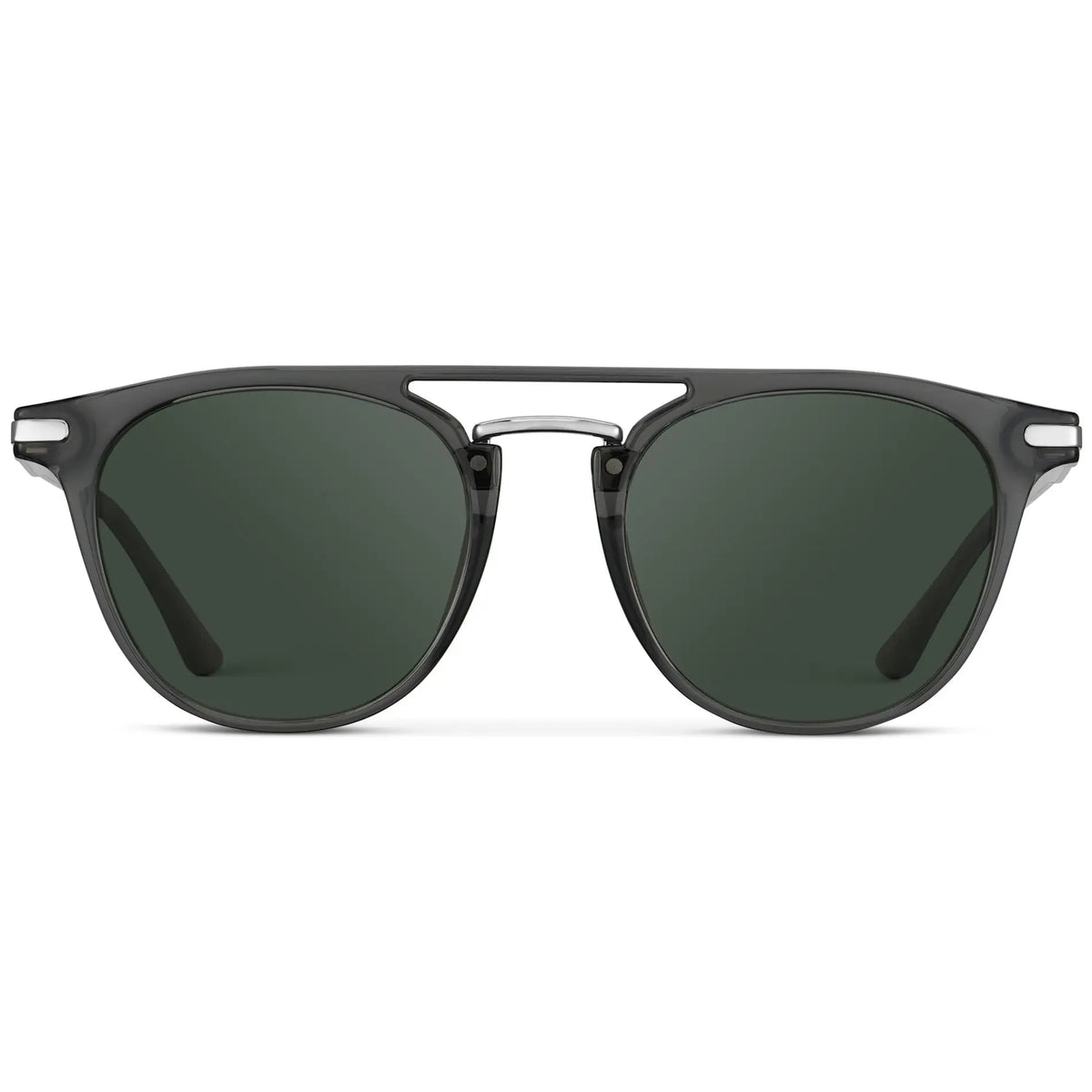 Smoke Grey / G15 || Men's Round Prescription Sunglasses with Smoke Grey Frame and Green Lenses on a white background