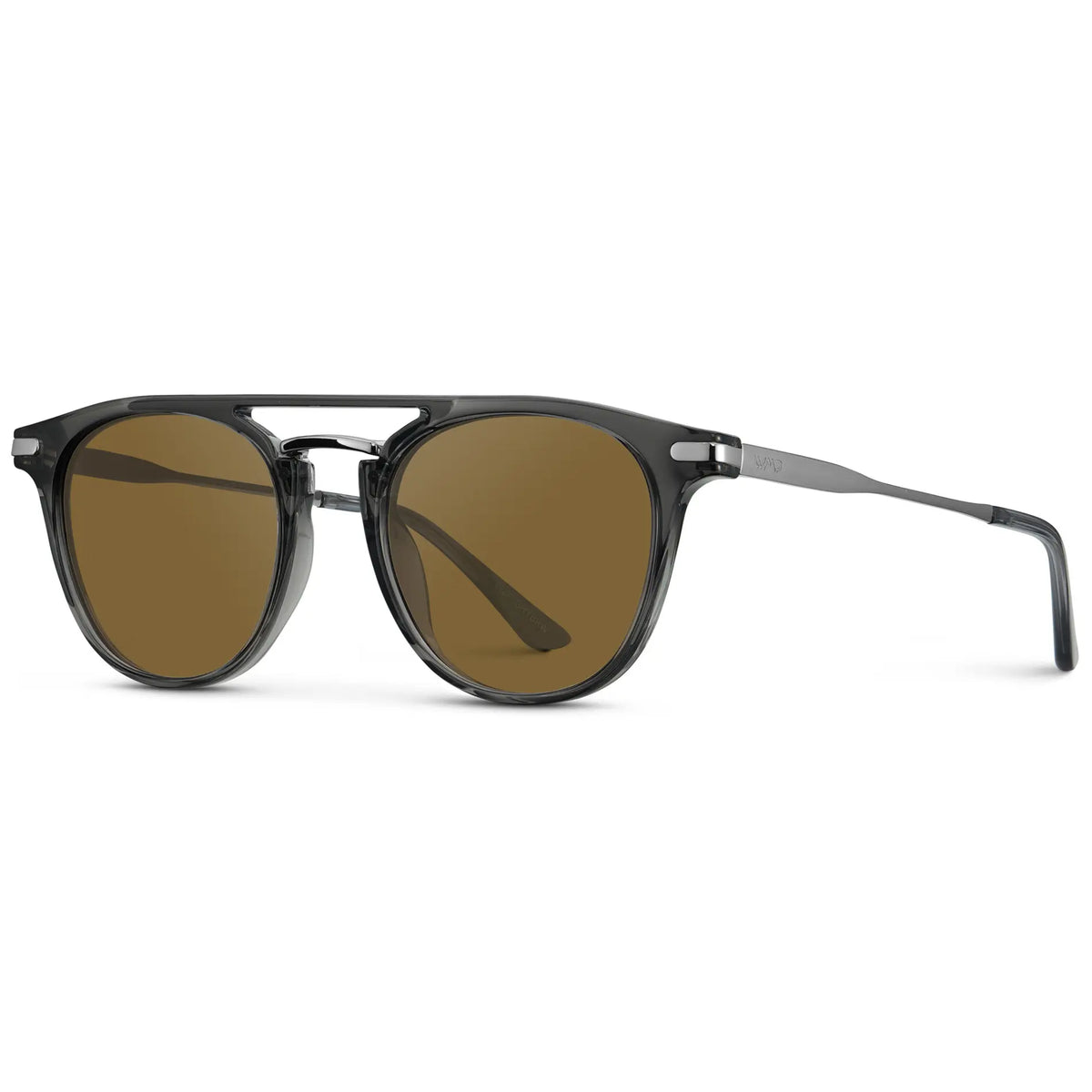 Smoke Grey / Amber || Side view of Men's Round Prescription Sunglasses with Smoke Grey Frame and Amber Lenses on a white background