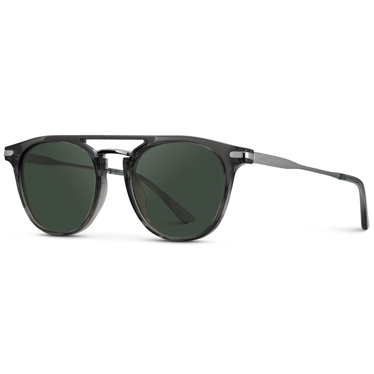 Smoke Grey / G15 || Side view of Men's Round Prescription Sunglasses with Smoke Grey Frame and Green Lenses on a white background