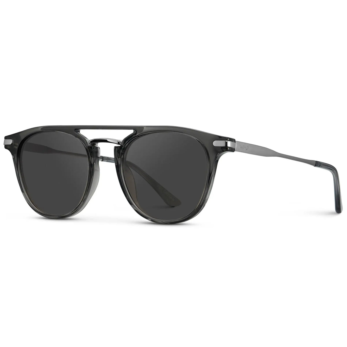 Smoke Grey / Grey || Side view of Men's Round Prescription Sunglasses with Smoke Grey Frame and Grey Lenses on a white background