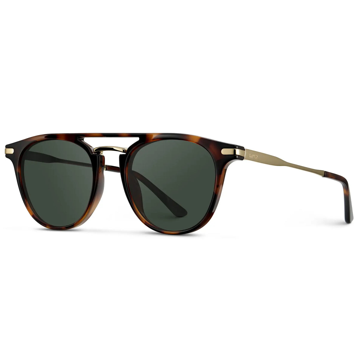 Brown Tortoise / G15 || Side view of Men's Round Prescription Sunglasses with Brown Tortoise Frame and Green Lenses on a white background