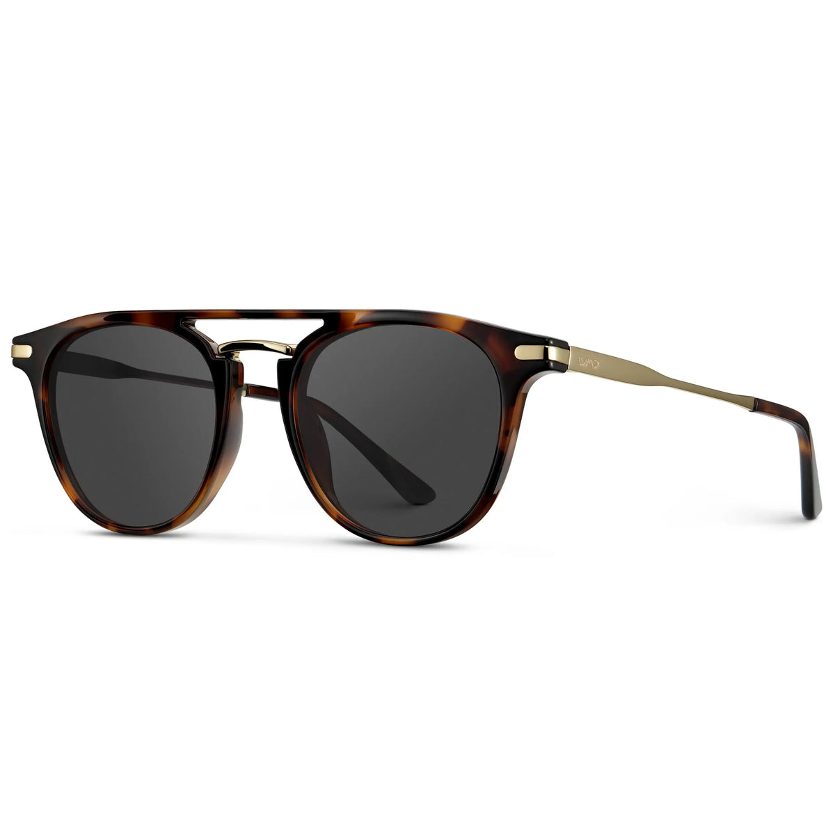Brown Tortoise / Grey || Side view of Men's Round Prescription Sunglasses with Brown Tortoise Frame and Grey Lenses on a white background