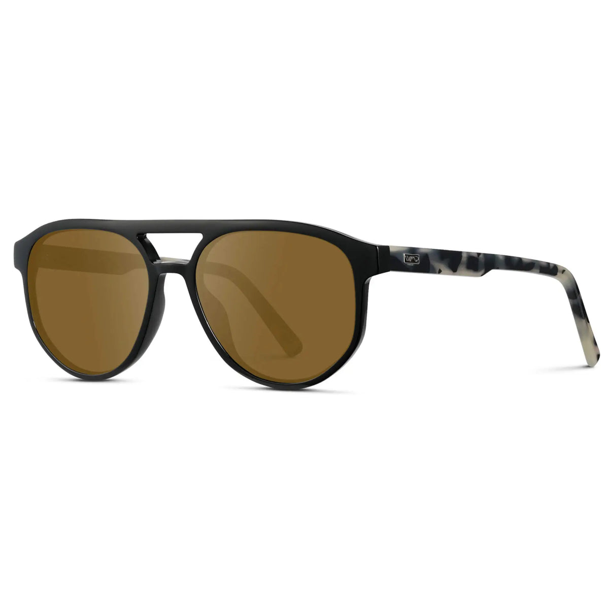 Black Beige Tortoise / Amber || Side view of Men's Modern Aviator Prescription Sunglasses with Black Acetate Frame and Brown Prescription Lens