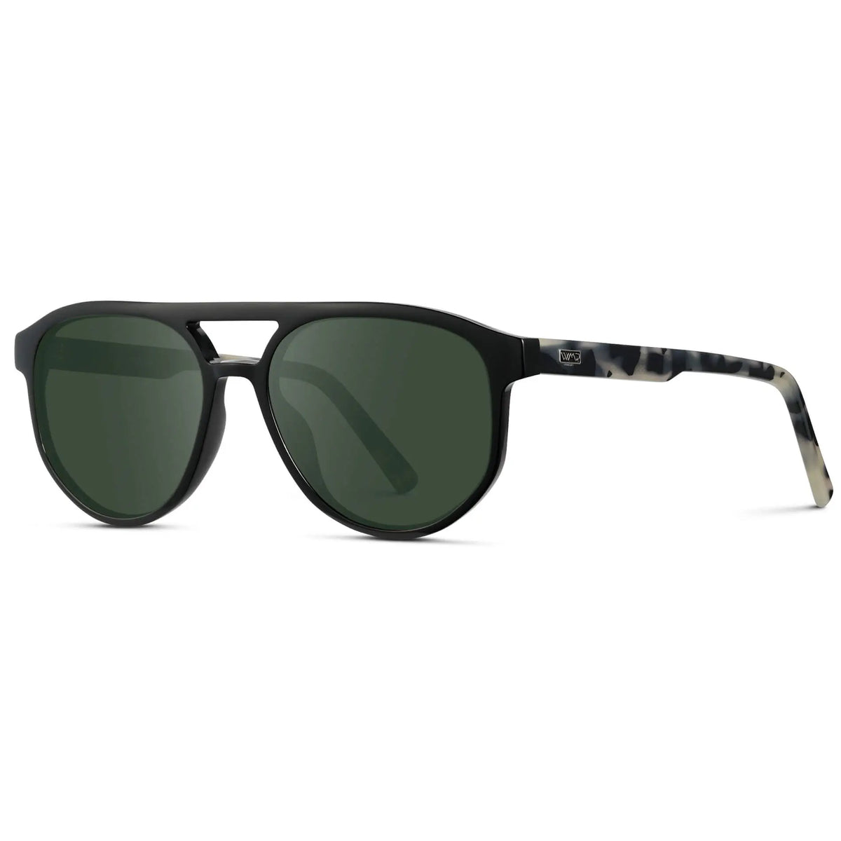 Black Beige Tortoise / G15 || Side view of Men's Modern Aviator Prescription Sunglasses with Black Acetate Frame and Green Prescription Lens