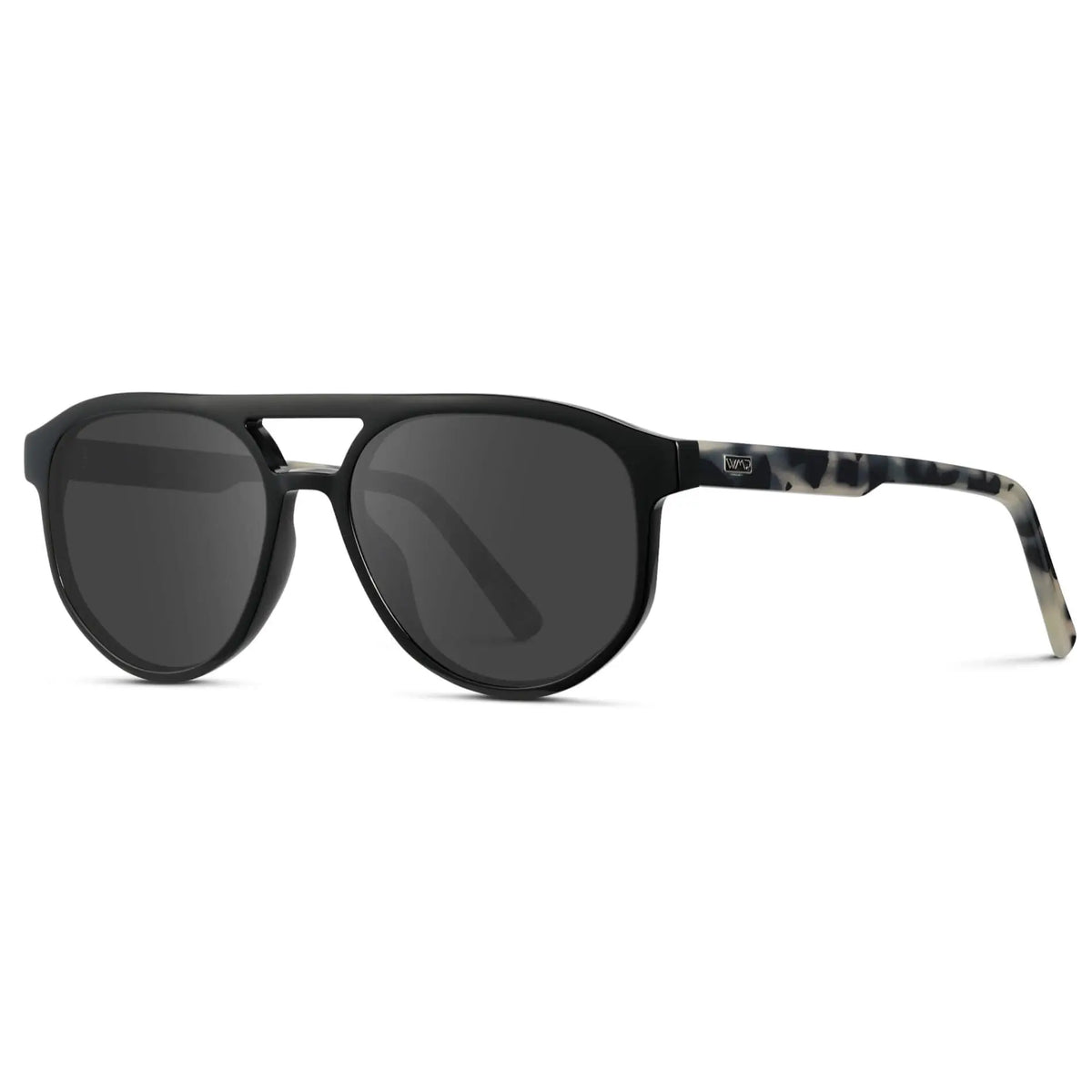 Black Beige Tortoise / Grey || Side view of Men's Modern Aviator Prescription Sunglasses with Black Acetate Frame and Grey Prescription Lens