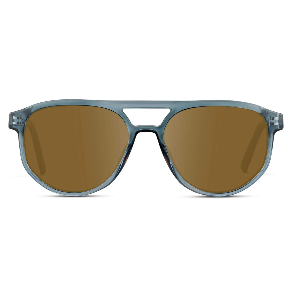 Chambray Blue / Amber || Front view of Men's Modern Aviator Prescription Sunglasses with Blue Acetate Frame and Brown Prescription Lens