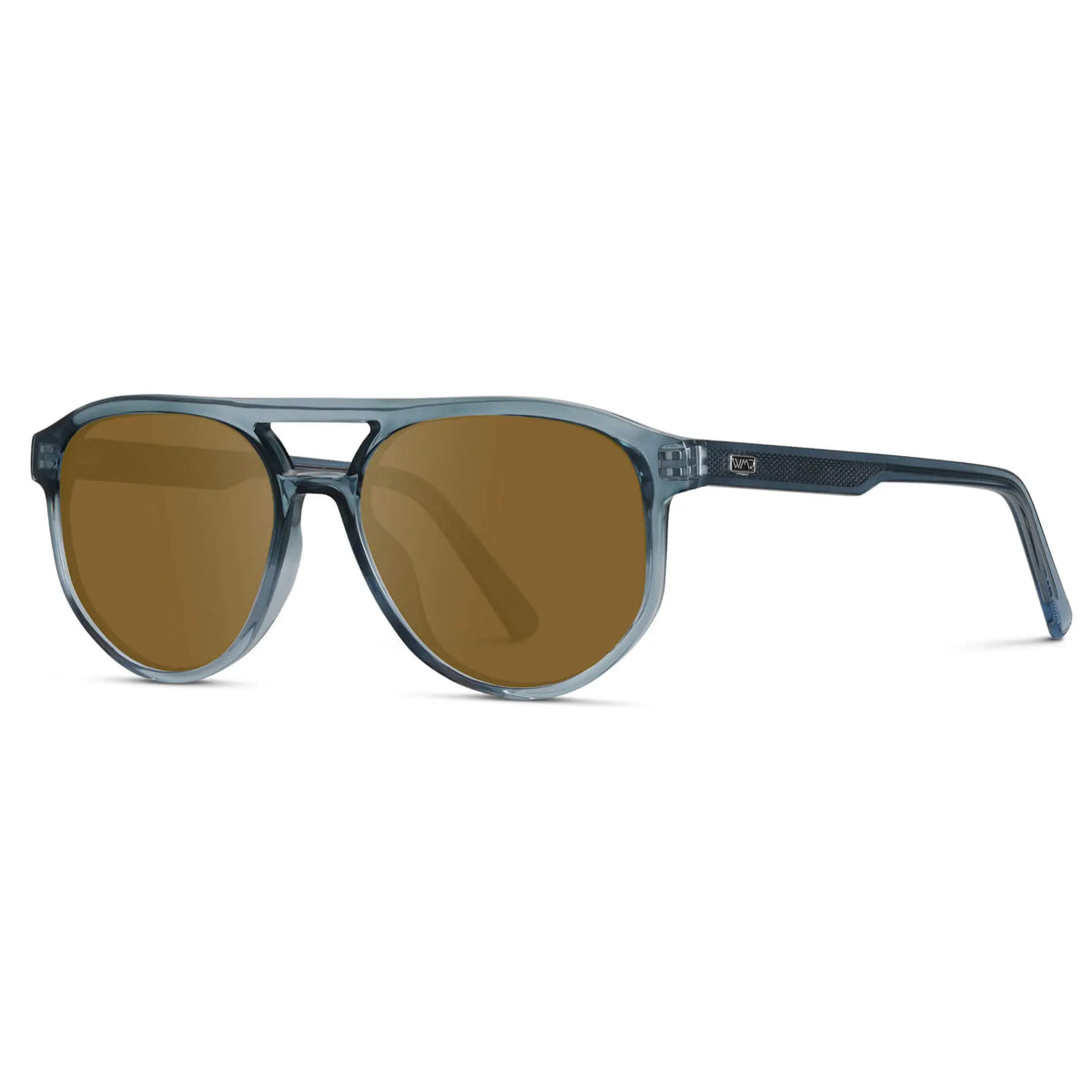 Chambray Blue / Amber || Side view of Men's Modern Aviator Prescription Sunglasses with Blue Acetate Frame and Brown Prescription Lens
