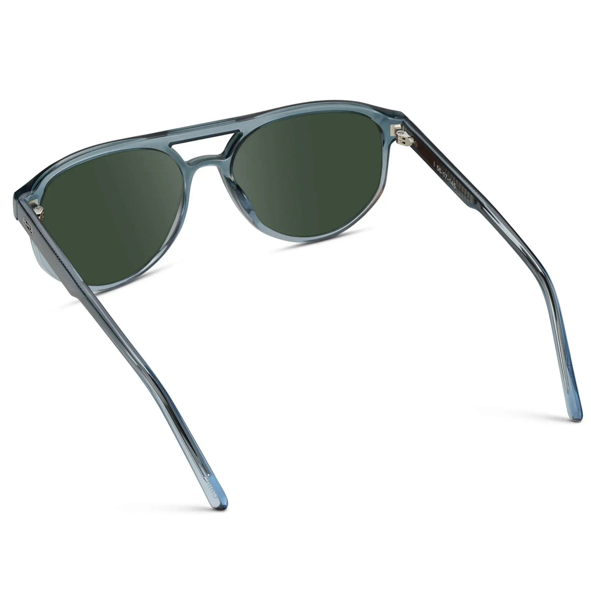 Chambray Blue / G15 || Back view of Men's Modern Aviator Prescription Sunglasses with Blue Acetate Frame and Green Prescription Lens