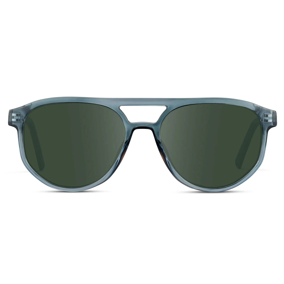 Chambray Blue / G15 || Front view of Men's Modern Aviator Prescription Sunglasses with Blue Acetate Frame and Green Prescription Lens