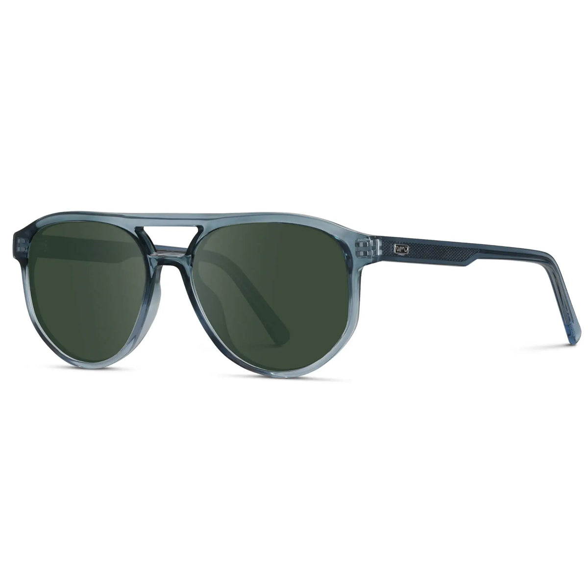 Chambray Blue / G15 || Side view of Men's Modern Aviator Prescription Sunglasses with Blue Acetate Frame and Green Prescription Lens