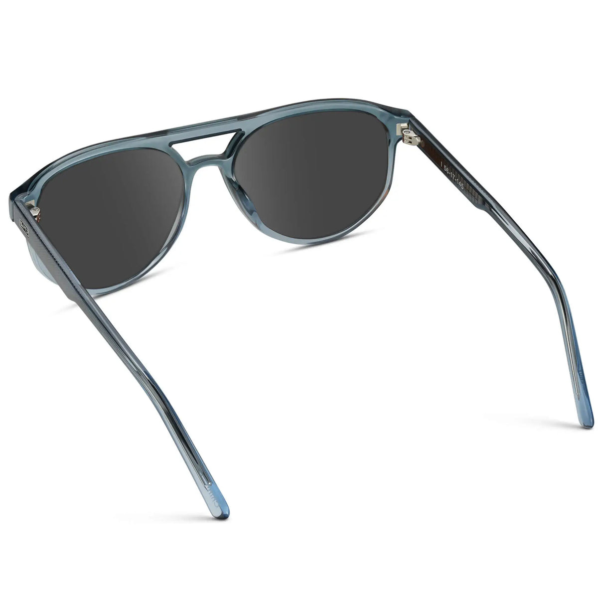 Chambray Blue / Grey || Back view of Men's Modern Aviator Prescription Sunglasses with Blue Acetate Frame and Grey Prescription Lens