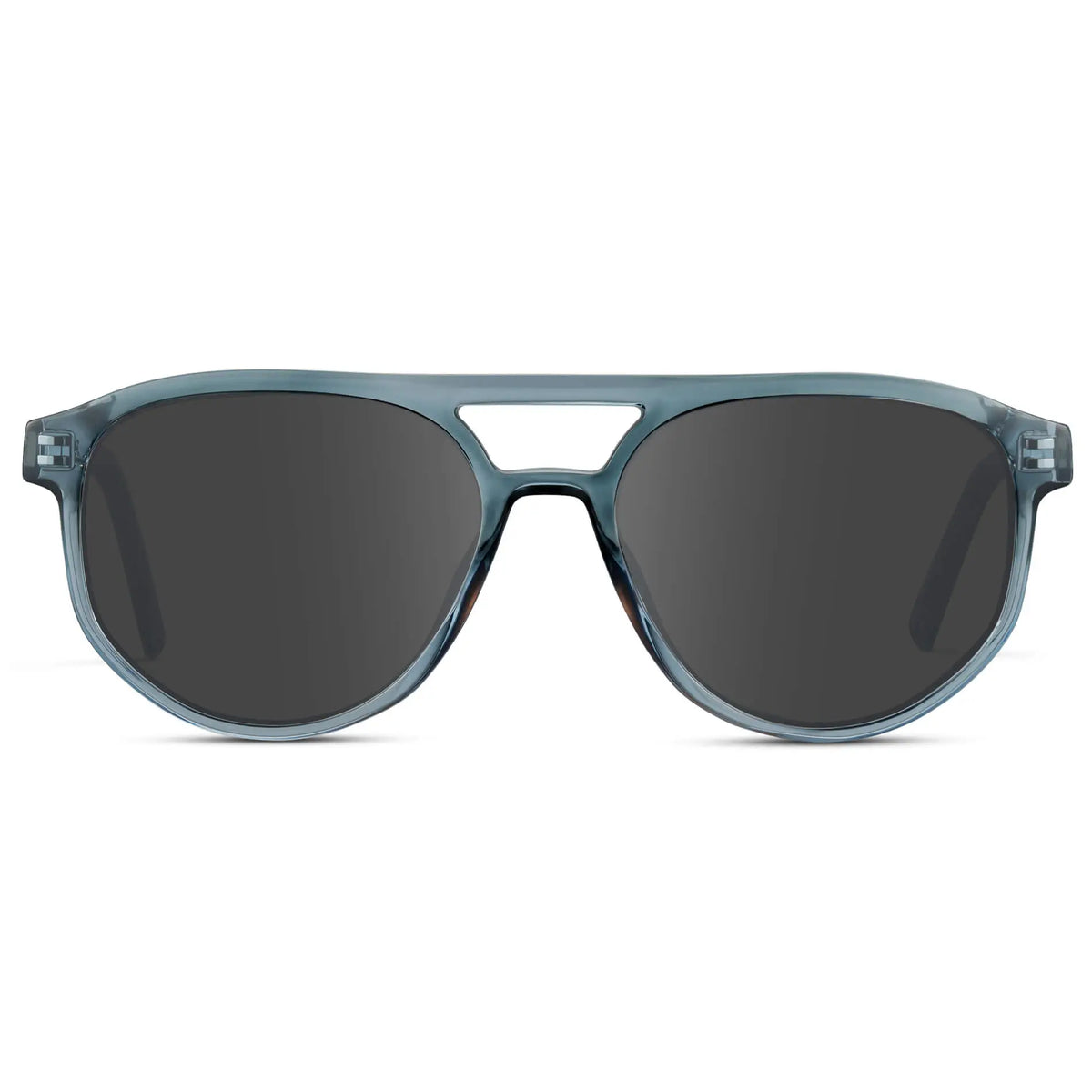 Chambray Blue / Grey || Front view of Men's Modern Aviator Prescription Sunglasses with Blue Acetate Frame and Grey Prescription Lens