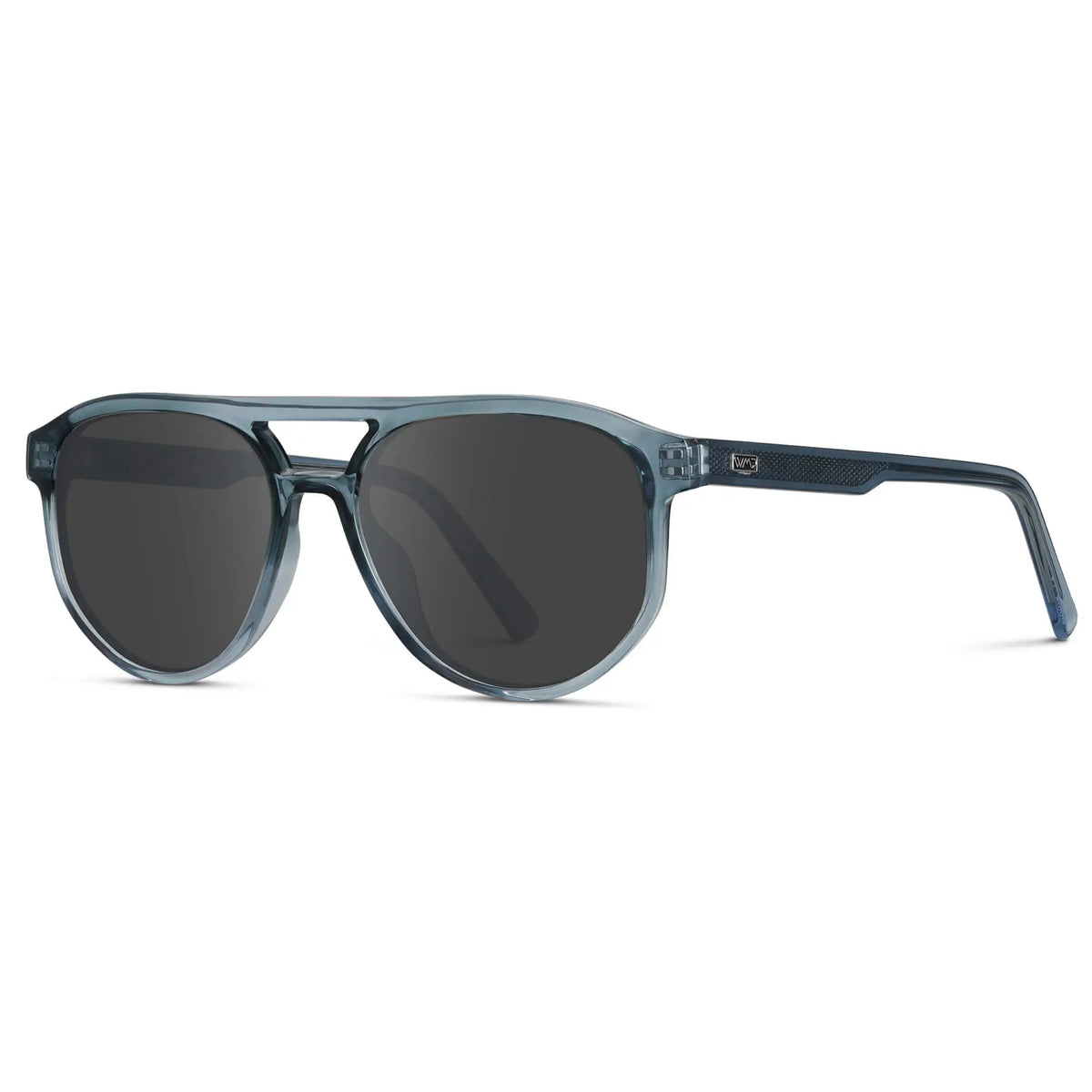 Chambray Blue / Grey || Side view of Men's Modern Aviator Prescription Sunglasses with Blue Acetate Frame and Grey Prescription Lens