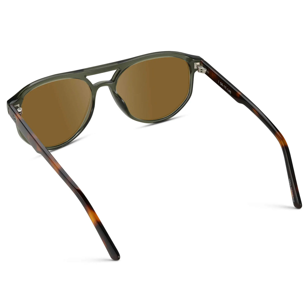 Tortoise Sage / Amber || Back view of Men's Modern Aviator Prescription Sunglasses with Green Acetate Frame and Brown Prescription Lens
