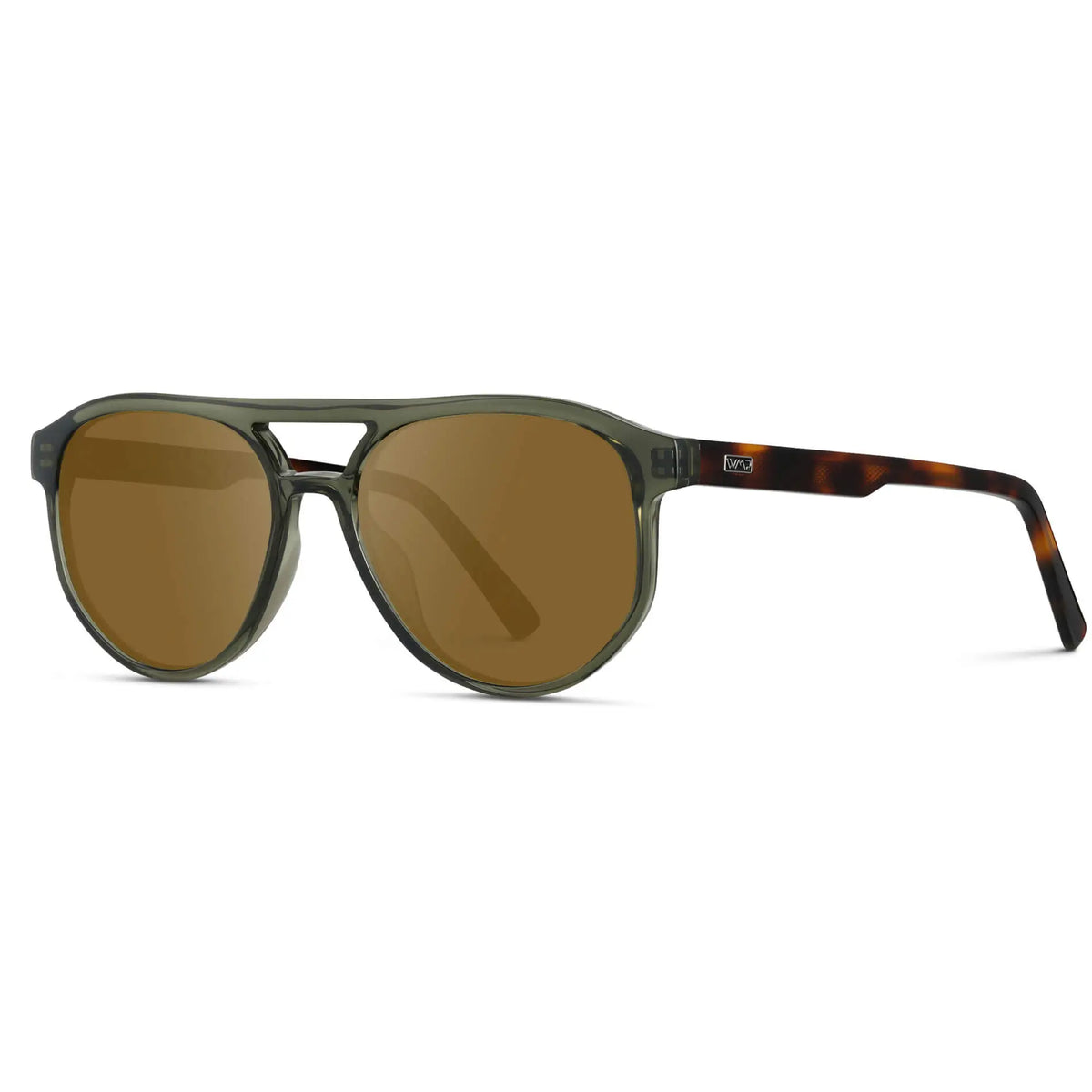 Tortoise Sage / Amber || Side view of Men's Modern Aviator Prescription Sunglasses with Green Acetate Frame and Brown Prescription Lens
