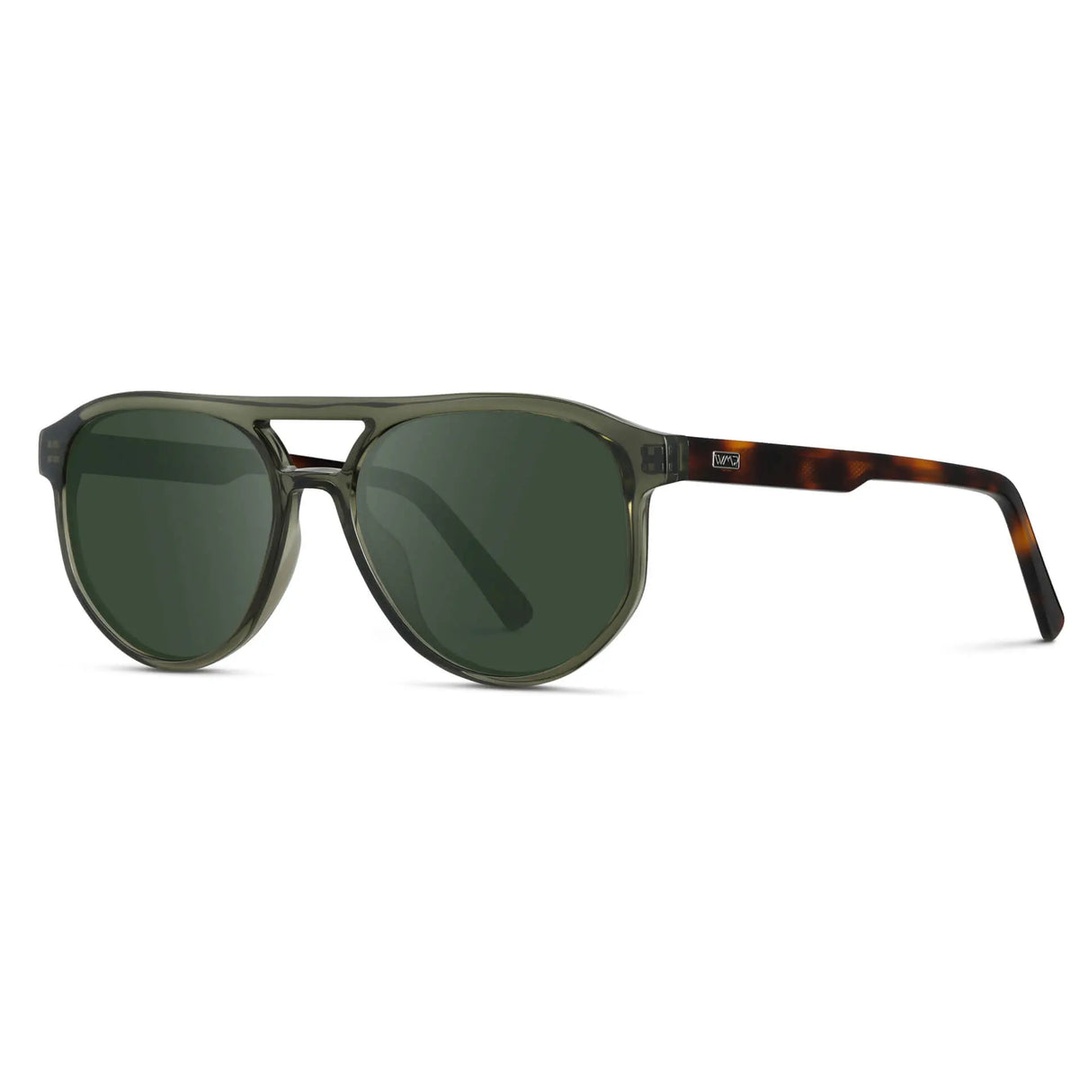 Tortoise Sage / G15 || Side view of Men's Modern Aviator Prescription Sunglasses with Green Acetate Frame and Green Prescription Lens