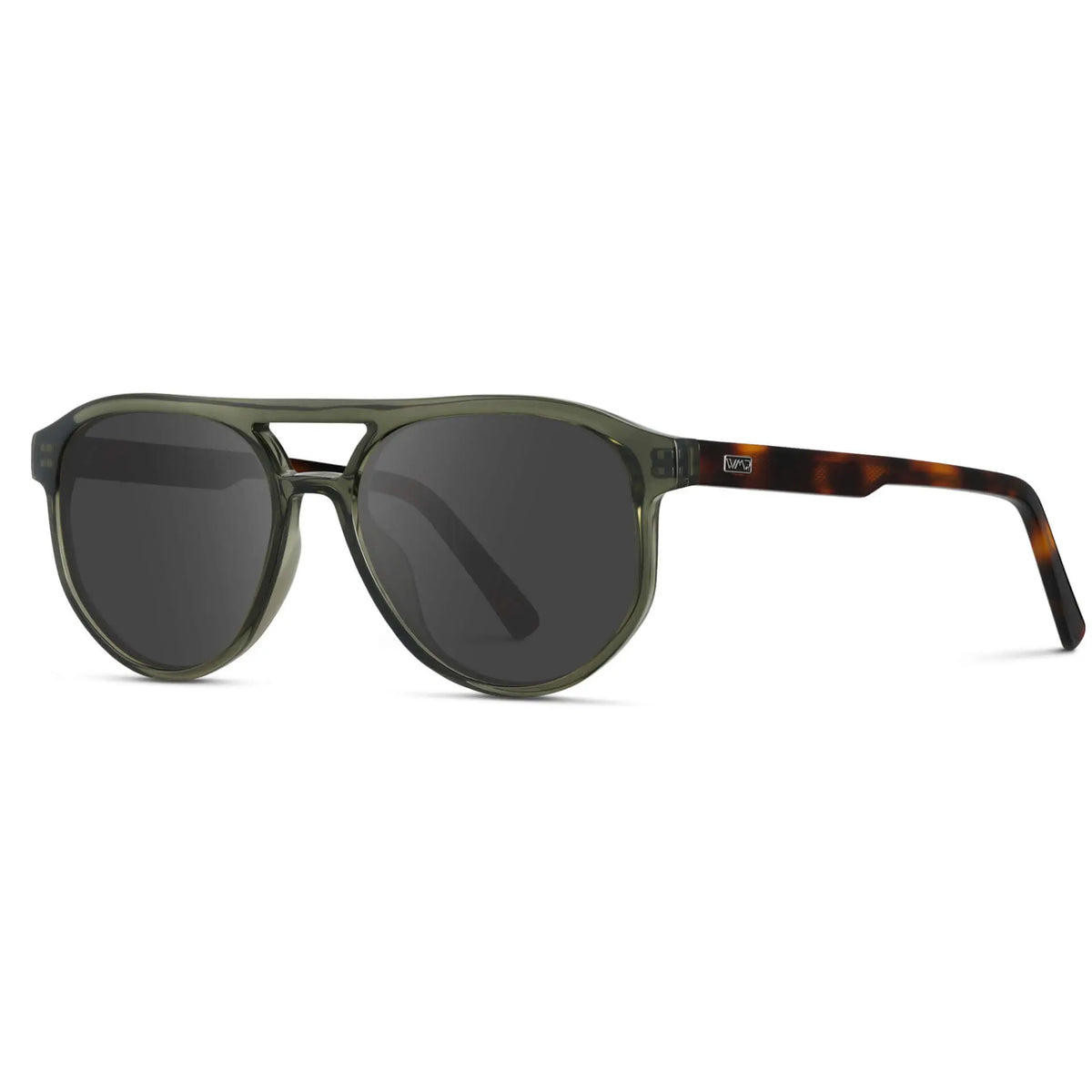 Tortoise Sage / Grey || Side view of Men's Modern Aviator Prescription Sunglasses with Green Acetate Frame and Grey Prescription Lens