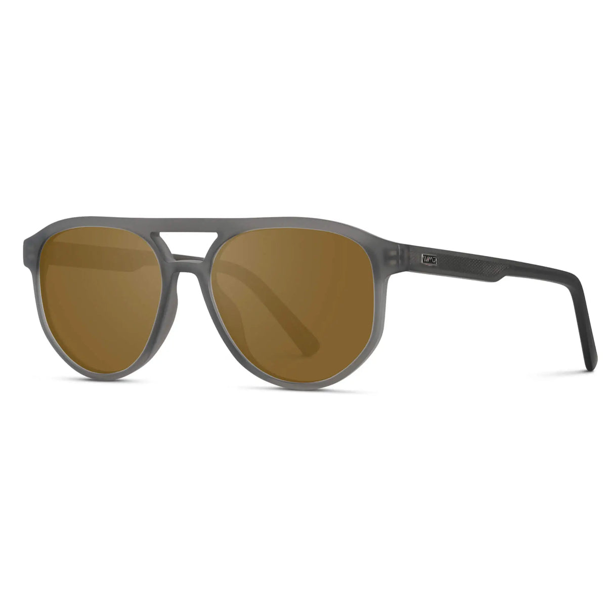 Frosted Graphite / Amber || Side view of Men's Modern Aviator Prescription Sunglasses with Grey Acetate Frame and Brown Prescription Lens