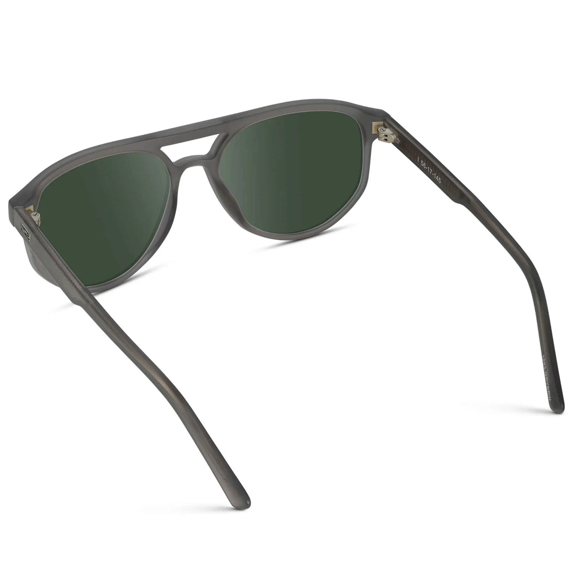 Frosted Graphite / G15 || Back view of Men's Modern Aviator Prescription Sunglasses with Grey Acetate Frame and Green Prescription Lens