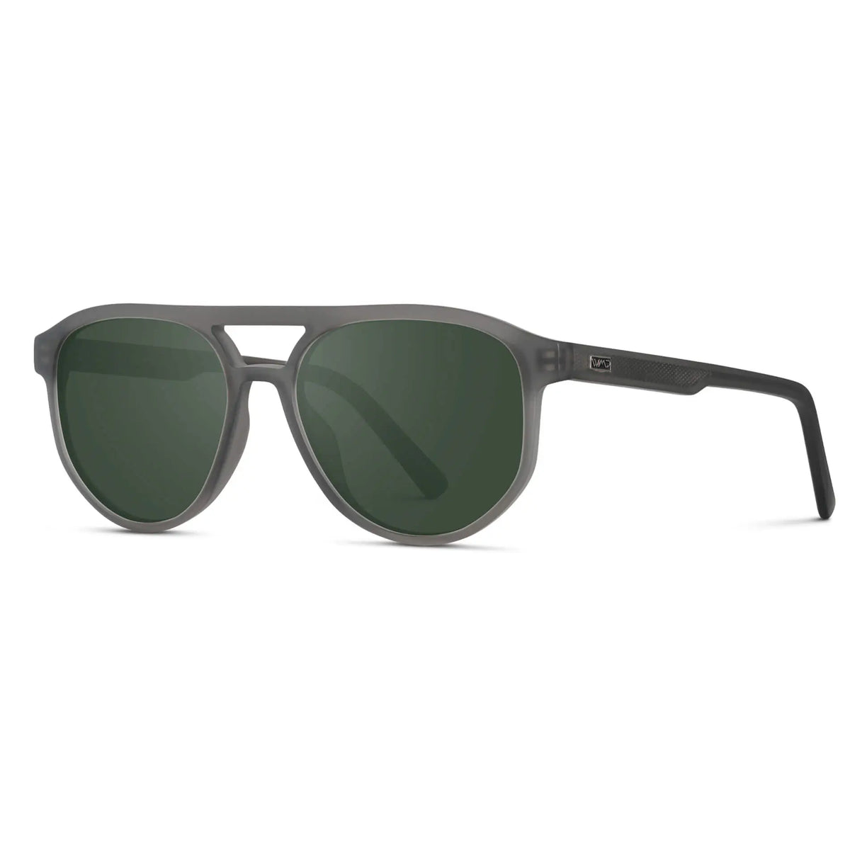 Frosted Graphite / G15 || Side view of Men's Modern Aviator Prescription Sunglasses with Grey Acetate Frame and Green Prescription Lens